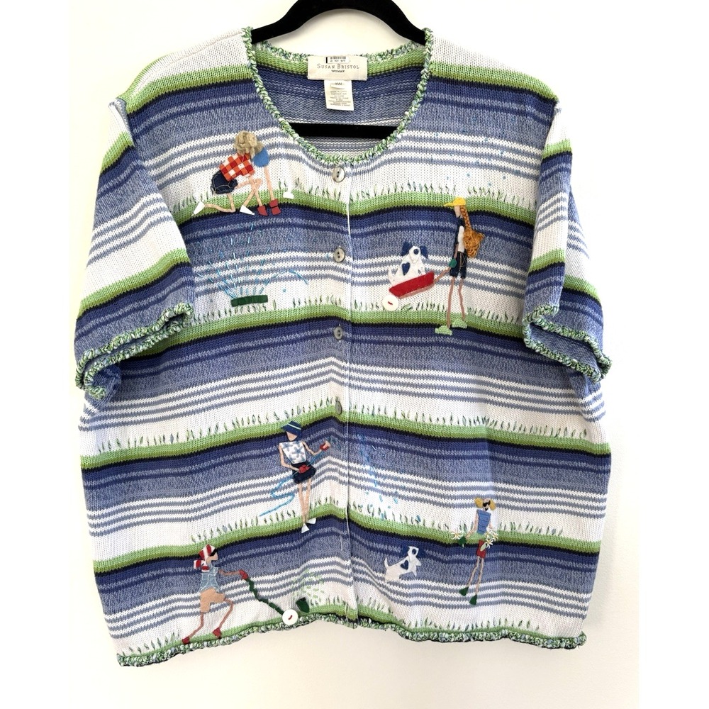 Susan Bristol Woman Vintage‎ Gardening Hand Embroidered Cardigan Sweater Blue 3W